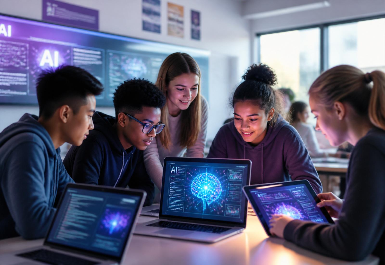 Students collaborating with AI tools in a classroom